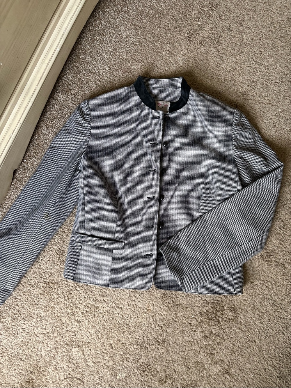Women's 90s Vintage Black Houndstooth Stand-Collar Mandarin Collar Jacket